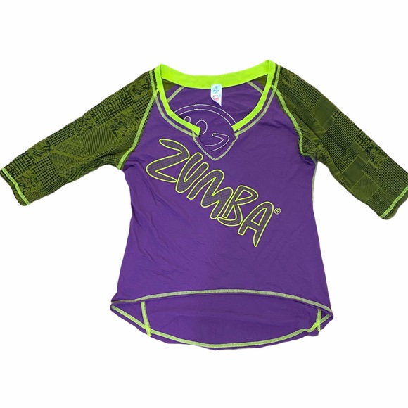 Zumba Fitness Tops - Zumba Purple and Neon Green 3/4 Sleeve Top Sz L